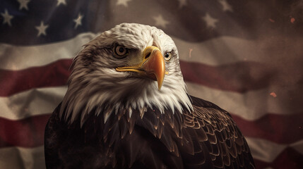 American Eagle Close Up with USA Flag in the Background - Patriotic Theme for Veterans Day, Memorial Day, Fourth of July - Generative AI