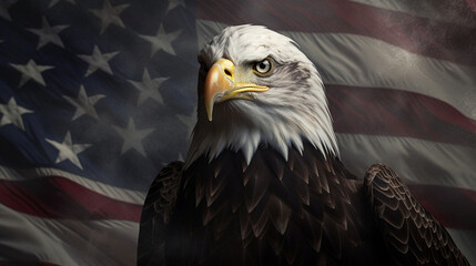 Naklejka premium American Eagle Close Up with USA Flag in the Background - Patriotic Theme for Veterans Day, Memorial Day, Fourth of July - Generative AI