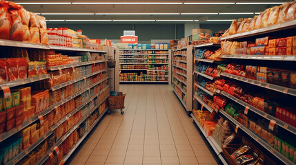 Supermarket interior with shelves full of various products.  side view. Generative AI - obrazy, fototapety, plakaty