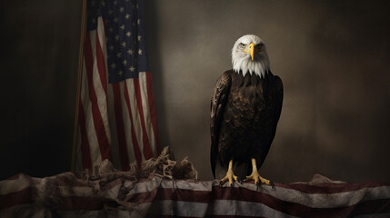Naklejka premium American Eagle Close Up with USA Flag in the Background - Patriotic Theme for Veterans Day, Memorial Day, Fourth of July - Generative AI
