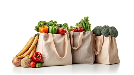Three eco friendly reusable shopping bag filled with vegetables. shopping bags with groceries. Isolated on white background. Front view.  Generative AI