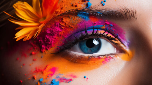 Close-up of female eye with colorful makeup. Beautiful fashion model with creative art makeup. Abstract colorful splash make-up.  Generative AI