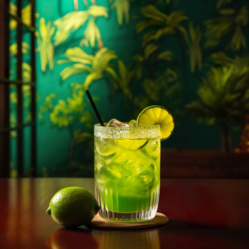 Delicious glass with lime drink. A refreshing caipirinha served in an old-fashioned glass. Lemon fruit caipirinha of brazil. Realistic 3D illustration. Generative AI