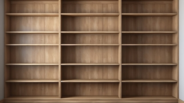 Library Empty Wooden book Shelf with ladders. Front view. Generative AI