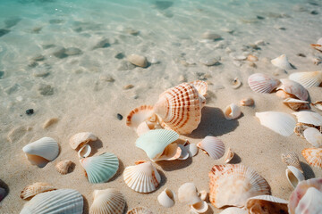 Fototapeta na wymiar Seashells on the sand near the sea. Generative AI