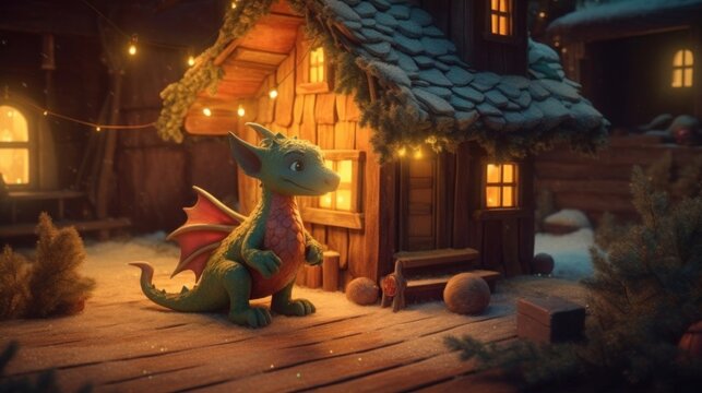 Little cute Dragon near his christmas decorated house surrounded by Christmas lights. Christmas and new year holliday card. Generative ai