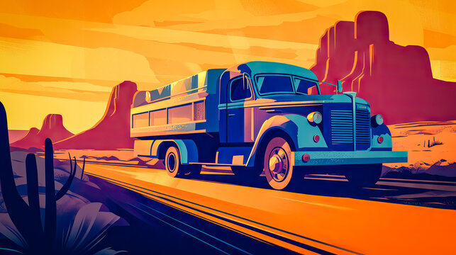 A fast truck driving down a long, open highway through a desert landscape. The truck is a classic design, with a retro style and bold, bright colors that pop against the neutral background. 