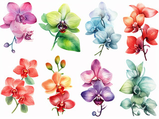 illustrazione di set di orchidee multicolore in stile acquerello su sfondo bianco scontornabile ideale per inviti e biglietti di auguri per matrimoni, creata con intelligenza artificiale - obrazy, fototapety, plakaty