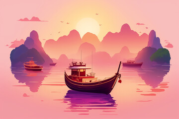 The pink bay at dawn with boats and their reflection in the water. AI generative