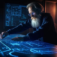 Artificial Intelligence Hologram of an Elderly Man with a White Beard