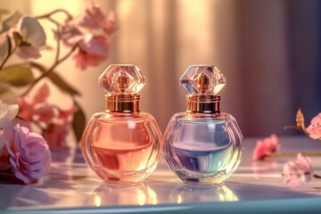 Obraz na płótnie Canvas Fresh spring romantic image, stylish transparent glass perfume bottles. Stylish parfumerie banner, Generative AI