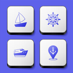 Set Yacht sailboat, Ship steering wheel, Speedboat and Location with anchor icon. White square button. Vector