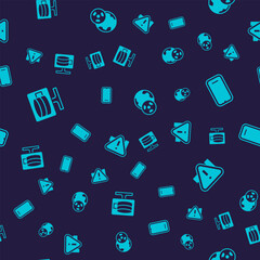 Set Cloud database, Mobile phone, Planet earth and radiation and Exclamation mark in triangle on seamless pattern. Vector