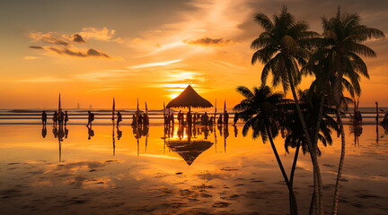  Sunset on  tropical beach trees plant on sunset beach straw umbrellas tent on front sea water ,generated ai - obrazy, fototapety, plakaty