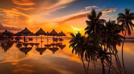  Sunset on  tropical beach trees plant on sunset beach straw umbrellas tent on front sea water ,generated ai