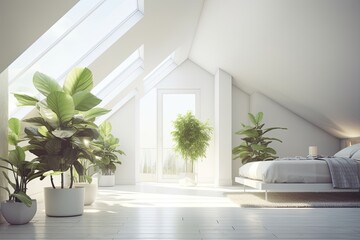 cozy bedroom with plants and a skylight Generative AI