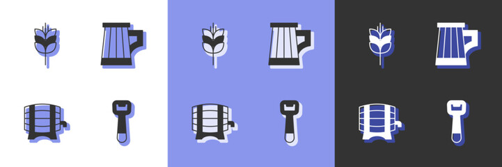 Set Bottle opener, Wheat, Wooden barrel on rack and beer mug icon. Vector