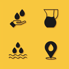 Set Washing hands with soap, Water drop location, and Jug glass water icon with long shadow. Vector