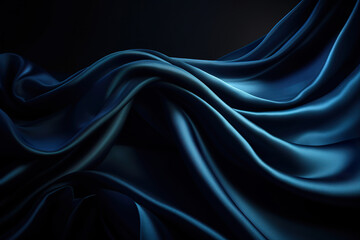 Fototapeta premium Blue luxury fabric background. A dark blue silk fabric that is draped in a diagonal pattern. Brilliant silk wave foundation creative resource. Realistic 3D illustration. Generative AI