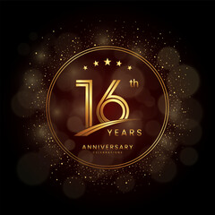 16th anniversary logo with gold double line style decorated with glitter and confetti Vector EPS 10