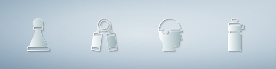 Set Chess, Sport expander, Baseball helmet and Fitness shaker. Paper art style. Vector