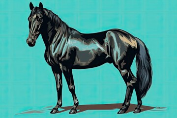 majestic black horse against a vibrant blue background Generative AI