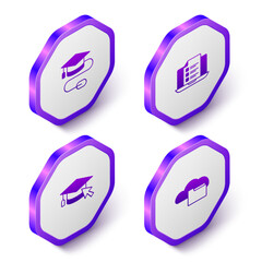 Set Isometric Graduation cap with mouse, Online quiz, test, survey, cursor and Cloud online library icon. Purple hexagon button. Vector