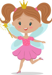 Obraz na płótnie Canvas A cute little fairy with a crown and wings. Funny cartoon character tooth fairy in a pink dress and a magic wand. Stock vector illustration isolated on a white background
