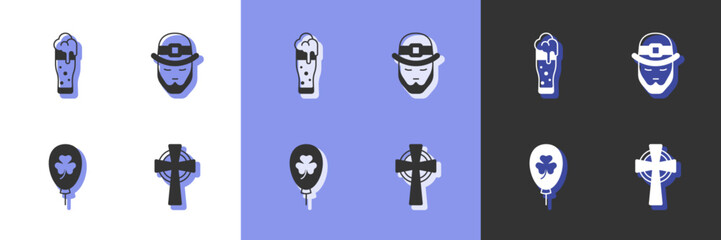 Set Celtic cross, Glass of beer, Balloon with clover trefoil leaf and Leprechaun icon. Vector