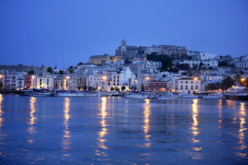 Ibiza island harbor night in Mediterranean spanish sea