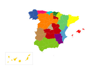 Mapa de las provincias de España en diferentes colores. Territorio español.