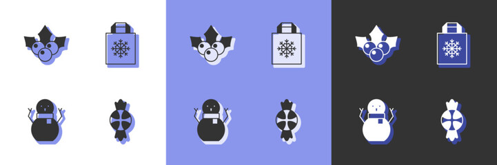 Set Candy, Branch viburnum, Christmas snowman and shopping bag icon. Vector