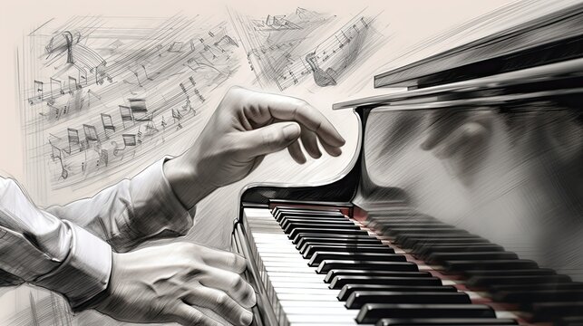 Pencil drawing of a pianist's fingers flying over the keys with a sheet of music in the background (Generative AI, Generativ, KI)

