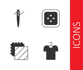 Set T-shirt on hanger, Needle for sewing with thread, Layers clothing textile and Sewing button clothes icon. Vector