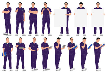 Hand-drawn healthcare worker. Happy smiling doctor with a stethoscope. Male nurse in purple uniform poses. Vector flat style illustration set isolated on white