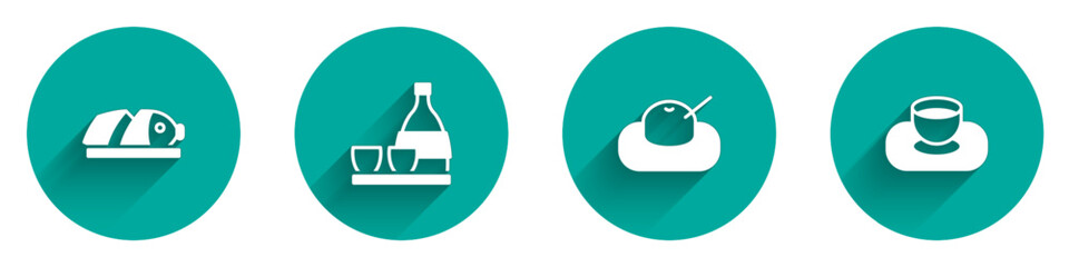Set Fish with sliced pieces, Bottle of sake, Mochi and Soy sauce in bowl icon with long shadow. Vector