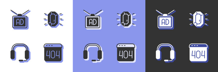 Set Page with a 404 error, Advertising, Headphones and Diamond icon. Vector