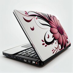 Gray laptop with pink decoration on white background. Generative AI.