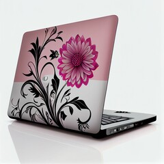 Gray laptop with pink decoration on white background. Generative AI.