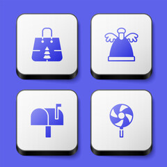 Set Christmas shopping bag, Angel, Mail box and Lollipop icon. White square button. Vector