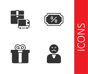 Set Angry customer, Delivery cargo truck, Gift box and Discount percent tag icon. Vector