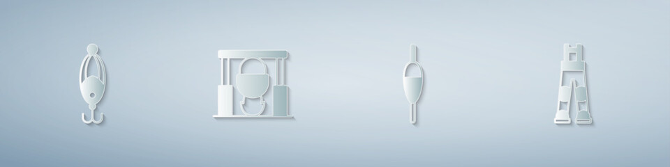 Set Fishing lure, Campfire and pot, float and Fisherman pants. Paper art style. Vector