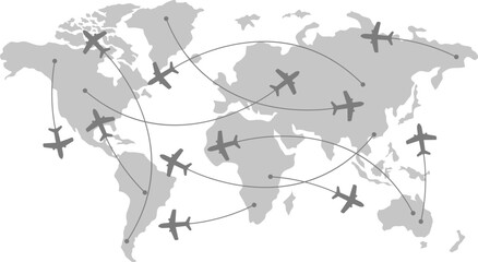 Flight of airplane on world map. Worldwide travel and transportation concept © POKPAK