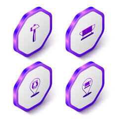 Set Isometric Hammer, Blacksmith anvil tool, Horseshoe and icon. Purple hexagon button. Vector