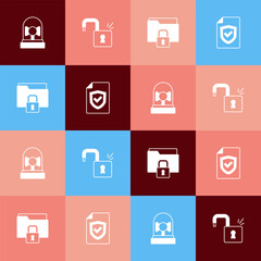 Set pop art Ringing alarm bell, Open padlock, Folder and and Contract with shield icon. Vector