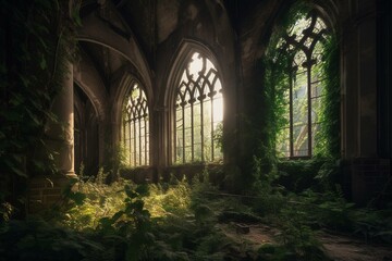 Overgrown arches on an abandoned church. Weeds and dust cover the vaults of beautiful windows. Generative AI