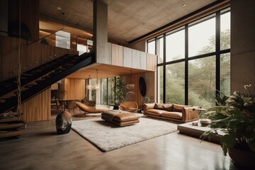 Contemporary home with natural elements, warm wall, and full view of room. Generative AI