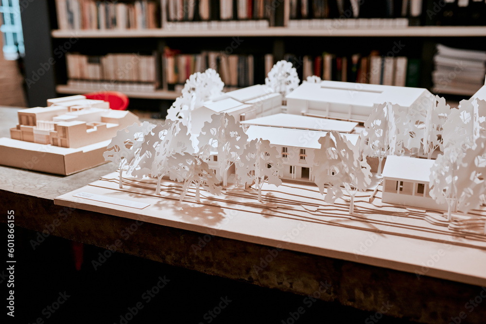Aufkleber Architecture, model and office of a building with plan for project with a creative workplace. Construction, strategy and blueprint model of business park with idea of illustration with trees.