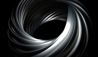 Abstract futuristic metal aluminum spiral twisted object on black background, Generatve AI - obrazy, fototapety, plakaty