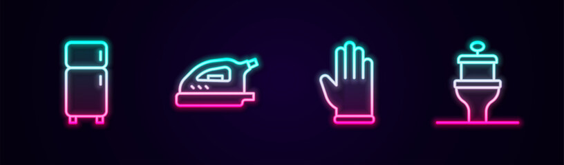 Set line Refrigerator, Electric iron, Rubber gloves and Toilet bowl. Glowing neon icon. Vector